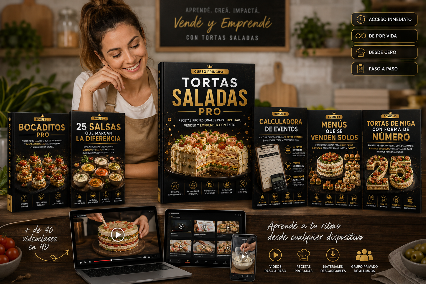 ACCESO PREMIUM: TORTAS SALADAS PRO + 5 BONUS + PACK EMRPRENDEDORA PRO